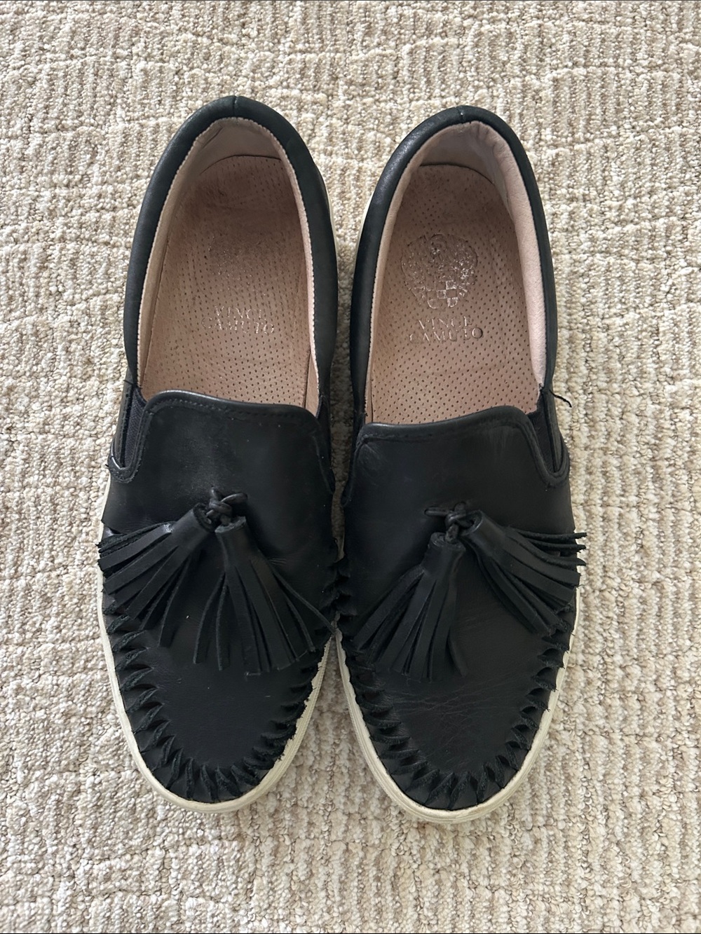 Vince Camuto Black Leather Tassel Slip-On Flats with White Sole